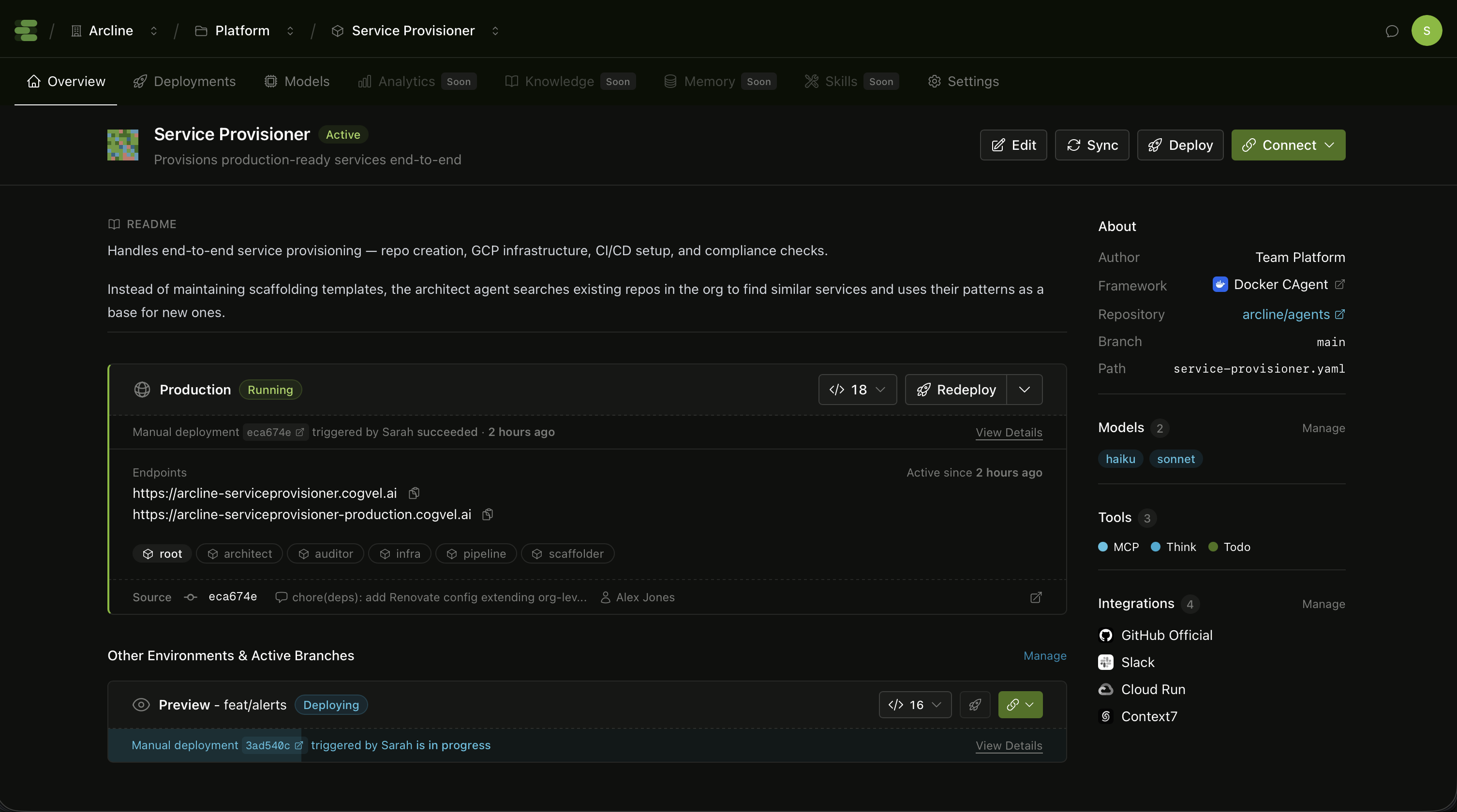 Cogvel platform - Service Provisioner agent overview showing production deployment, integrations, and sub-agents